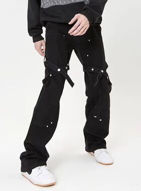 Tim Peake机能黑色牛仔裤vibe高级感裤子潮牌微喇修身小脚裤J35