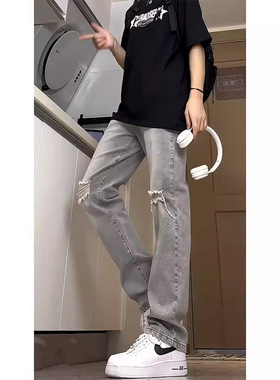 Timpeake烟灰色破洞牛仔裤男美式高街cleanfit裤子修身A206