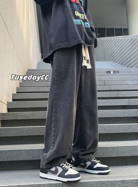 Tim Peake高街牛仔裤男宽松直筒阔腿裤百搭复古松紧腰休闲裤D519