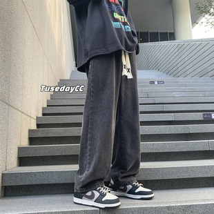 Tim 男寬松直筒闊腿褲 百搭復(fù)古松緊腰休閑褲 D519 Peake高街牛仔褲