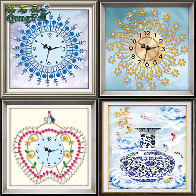 青飞新款5D蓝玫瑰繁华钻石画钟表点钻贴钻简约花瓶青花瓷钟十字绣,特色手工艺,刺绣,淘宝优惠券,粉丝福利购,淘宝优惠卷
