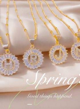 跨境亚马逊热卖时尚铜镶锆石字母吊坠梯方冰糖26英文字母项链