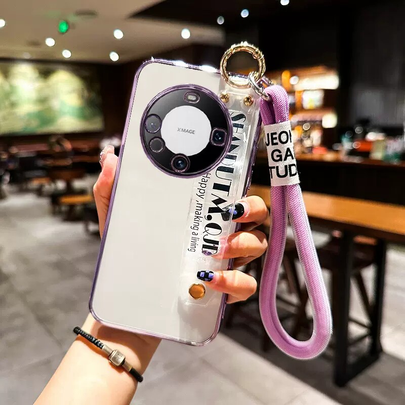 适用华为mate60pro手机壳新款透明mate50Pro腕带支架硅胶软壳mate40Pro防摔全包超薄mate30Pro高档曲屏创意女