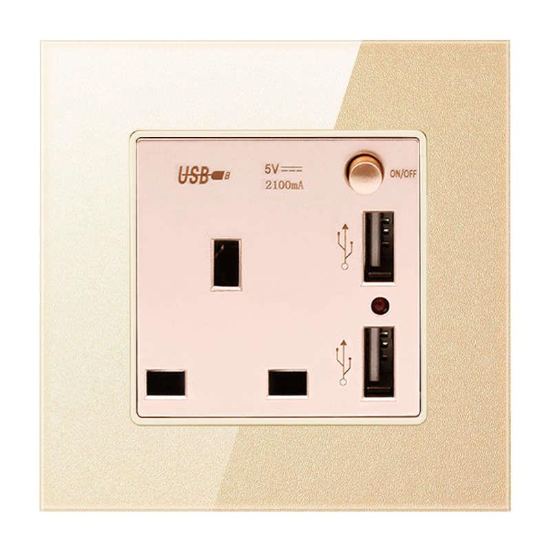 港澳版英式13AUSB插苏电灯制开关钢化玻璃家用多孔面板Type-c金色