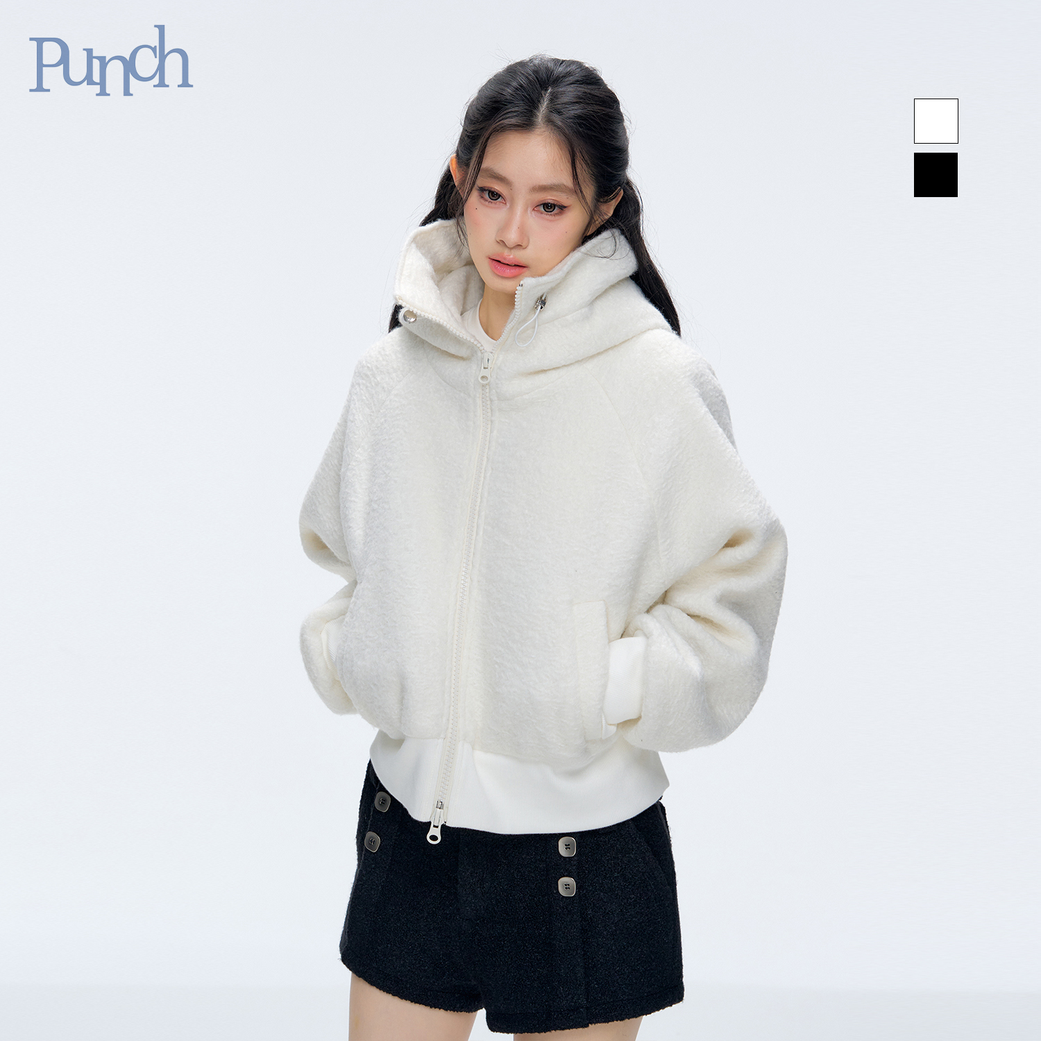 PUNCH 25AW黑白圈圈毛呢高领外套休闲通勤帽衫