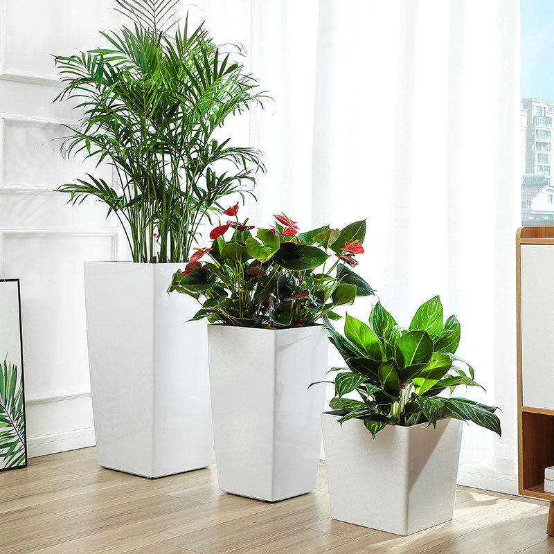 北欧方形创意落地树脂烤漆自动吸水懒人大口高筒大号客厅花盆正品