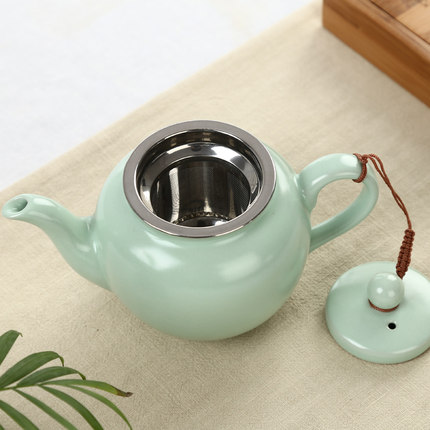 汝窑过滤茶壶陶瓷大号开片红茶冲泡茶器带过滤网家用单壶茶杯套装
