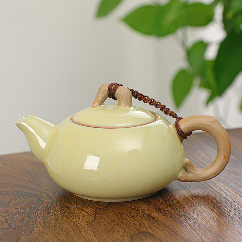 汝窑茶壶带不锈钢过滤网开片可养陶瓷功夫茶具单壶米黄杯子套装