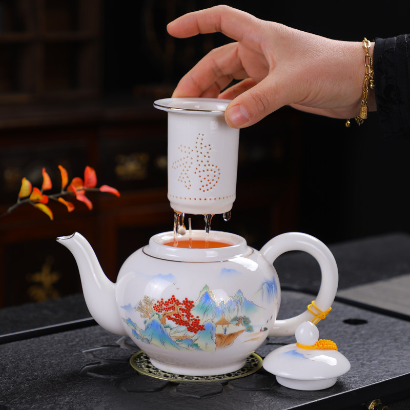 羊脂玉茶壶带陶瓷滤网大号单壶高温家用办公简约防烫过滤泡茶大壶