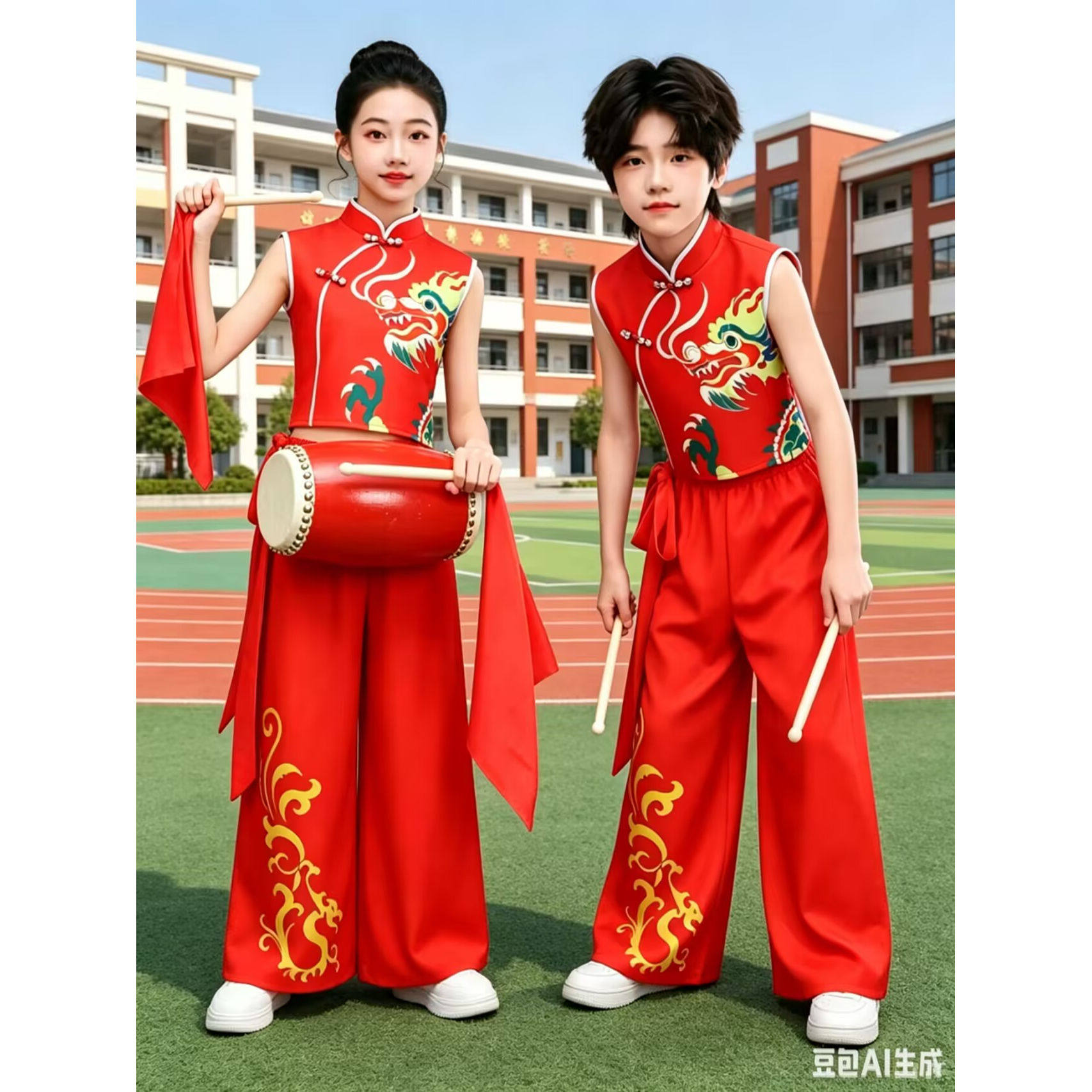 儿童安塞腰鼓服装陕北风陕西民歌演出服中小学秧歌舞龙打鼓表演服