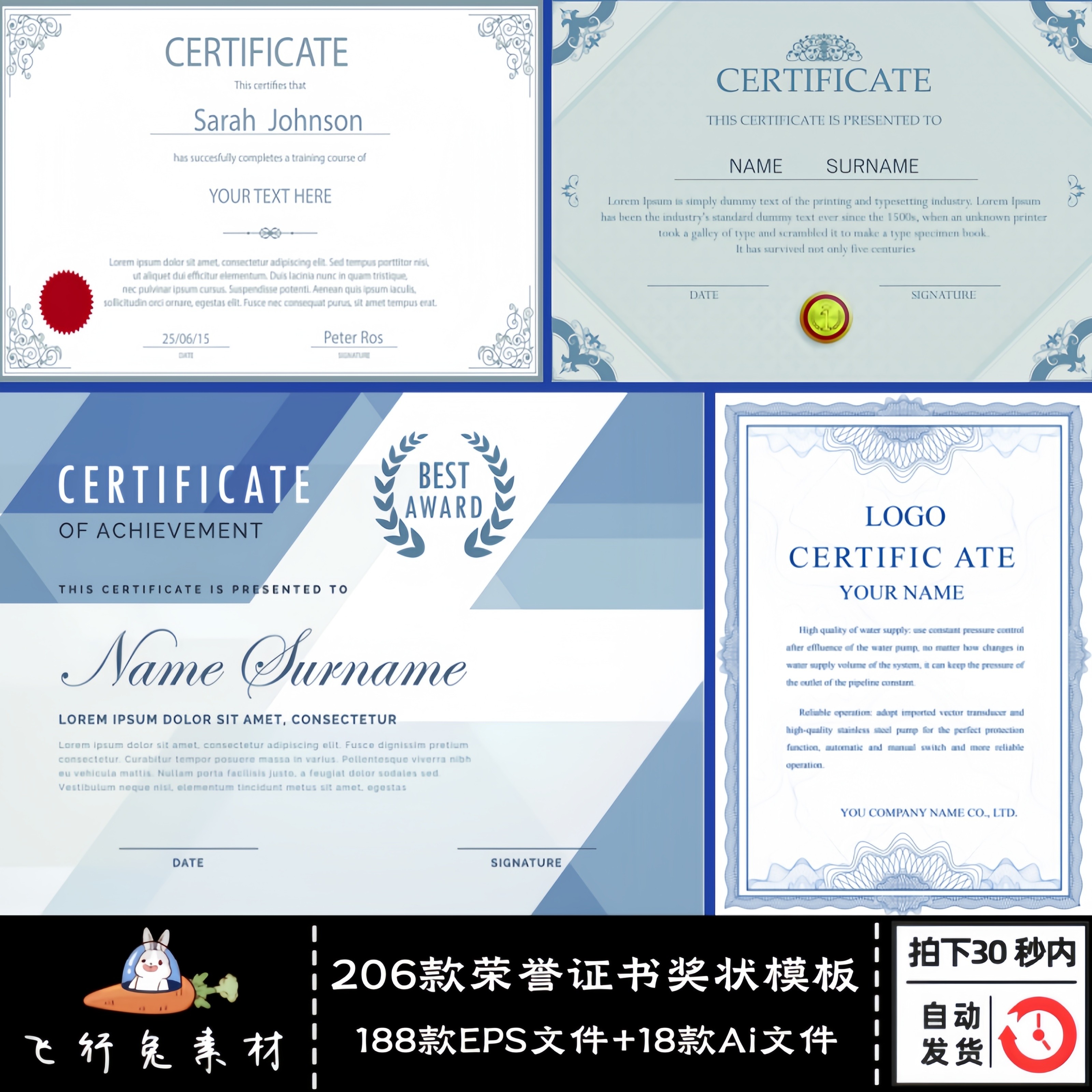 荣誉证书奖状模板高级感英文版国外加盟授权书底纹AI矢量设计素材