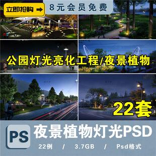 夜景树木植物ps灯光效果图公园氛围灯亮化工程 效果图psd分层素材