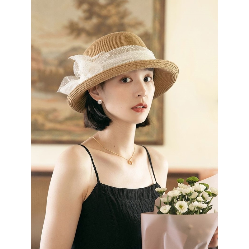 新款蕾丝遮阳草帽女夏季防晒时尚卷边太阳帽遮脸草编女款帽子