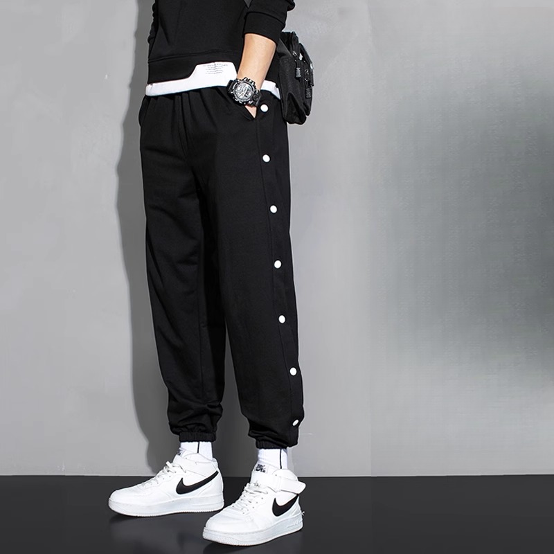 篮球排扣裤男加绒运动宽松束脚长裤秋冬季休闲青少年全开扣九分裤