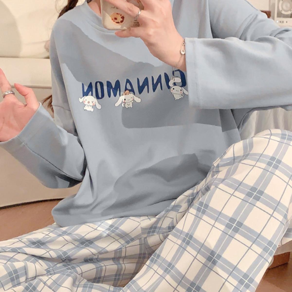 新款睡衣女士秋冬季长袖圆领套装可爱宽松格子网红风可外穿家居服