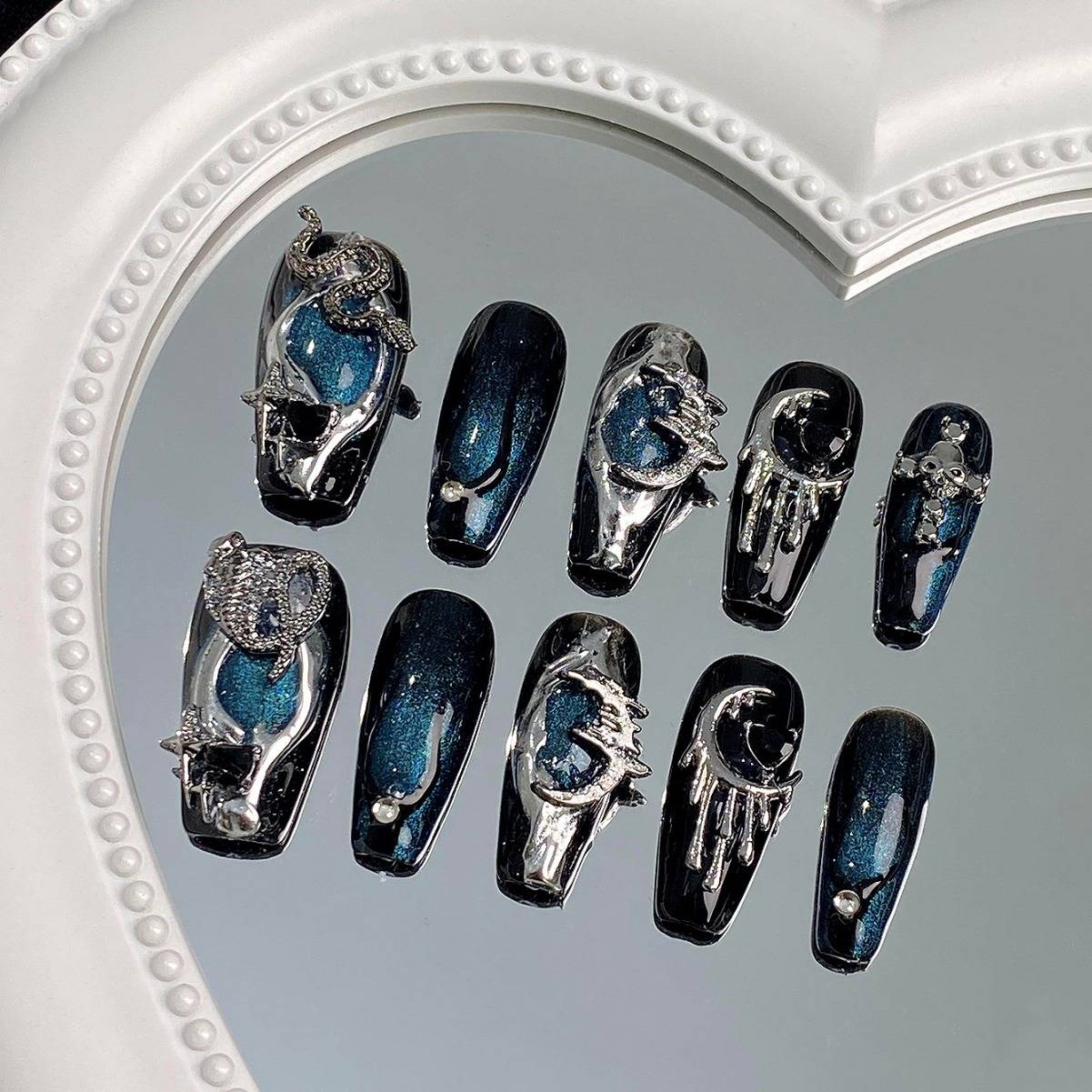 Y2K千禧甜酷辣妹赛博朋克蓝色猫眼暗黑重工新款手工穿戴甲可拆卸