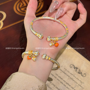 尚银轩足银9999好柿成双南瓜描金手镯新中式国风纯银镯子送女友