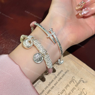 足银9999盘缠黄财神胖福银手镯国风推拉可调节银镯子永生花礼盒