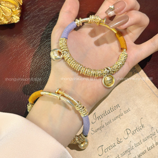 尚银轩盘缠描金手镯9999纯银镯子黄财神胖福描推拉可调节年轻款