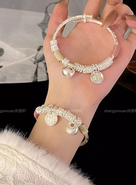 尚银轩黄财神盘缠纯银手镯可调节