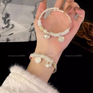 9999纯银手镯盘缠黄财神胖福国风手工推拉可调节银镯子节日送礼