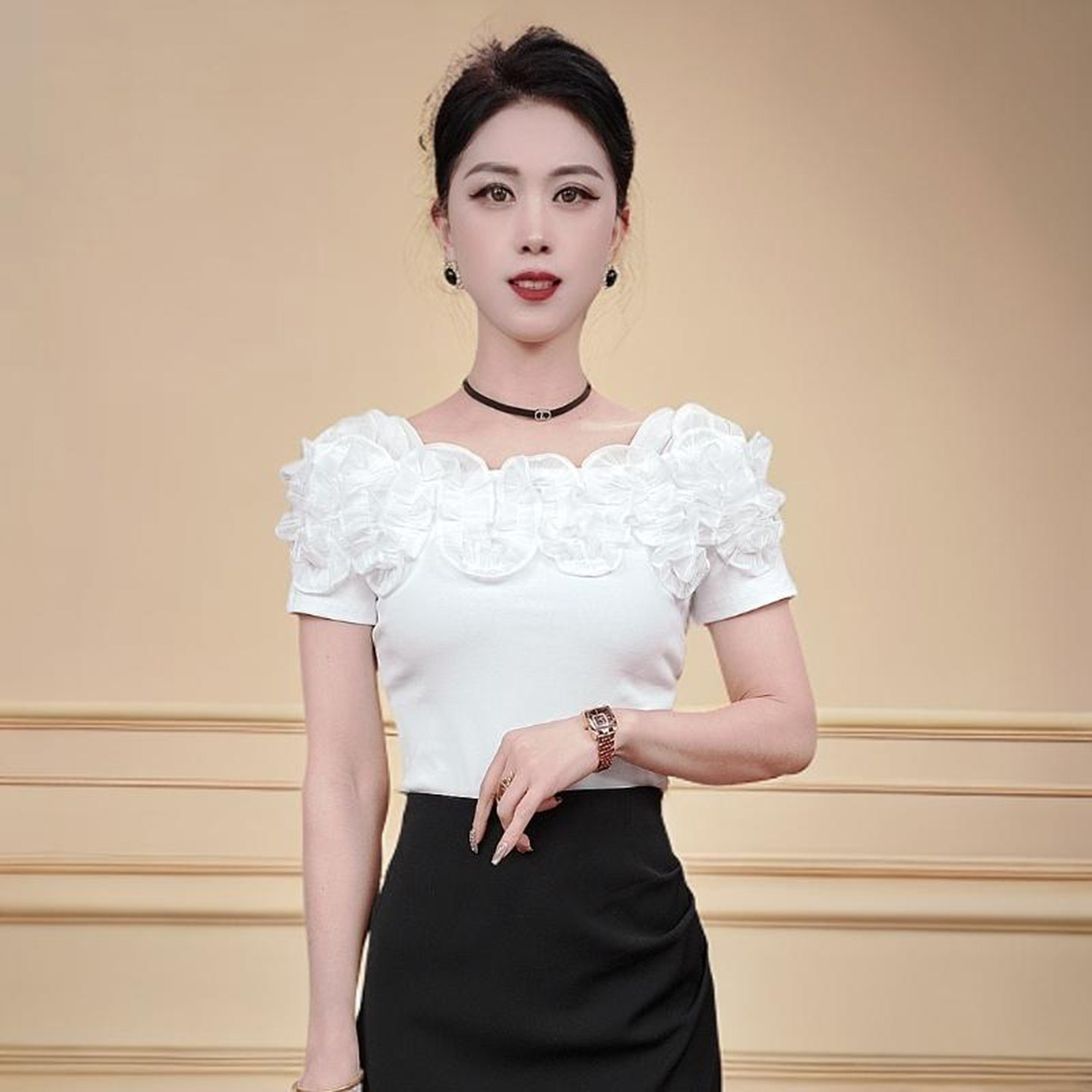 性感方领网纱拼接木耳花边t恤女