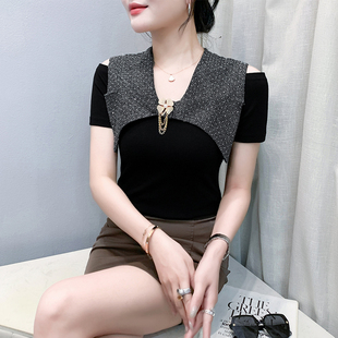 性感V领露肩上衣女夏装新款洋气荷叶边烫钻短袖T恤气质修身体恤衫