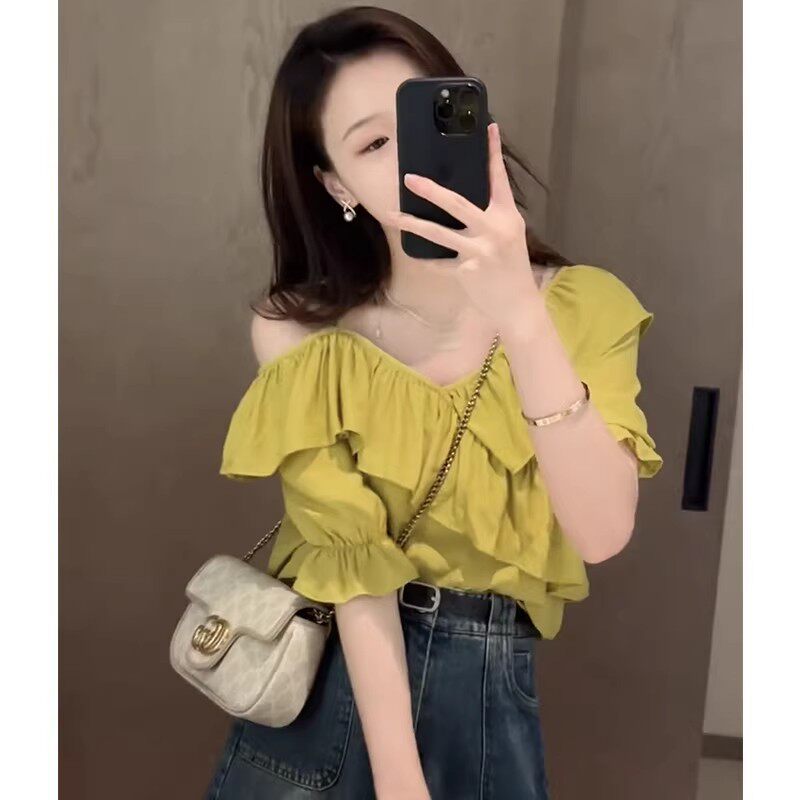 夏季性感V领荷叶边褶皱短袖T恤女
