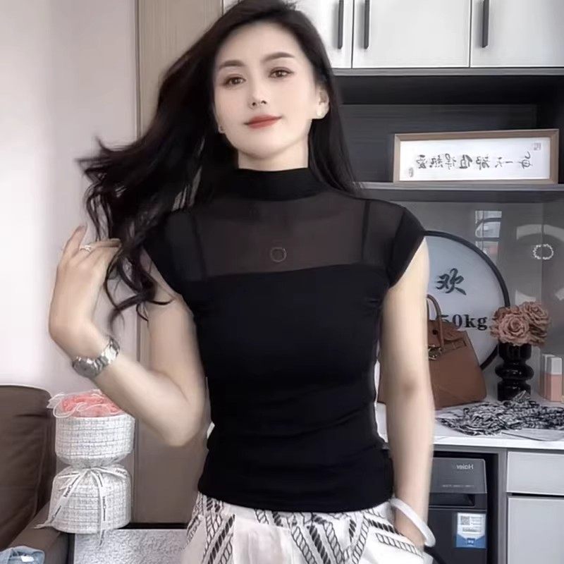 春夏装2026新款薄款百搭T恤女短袖性感透视网纱上衣欧货修身小衫