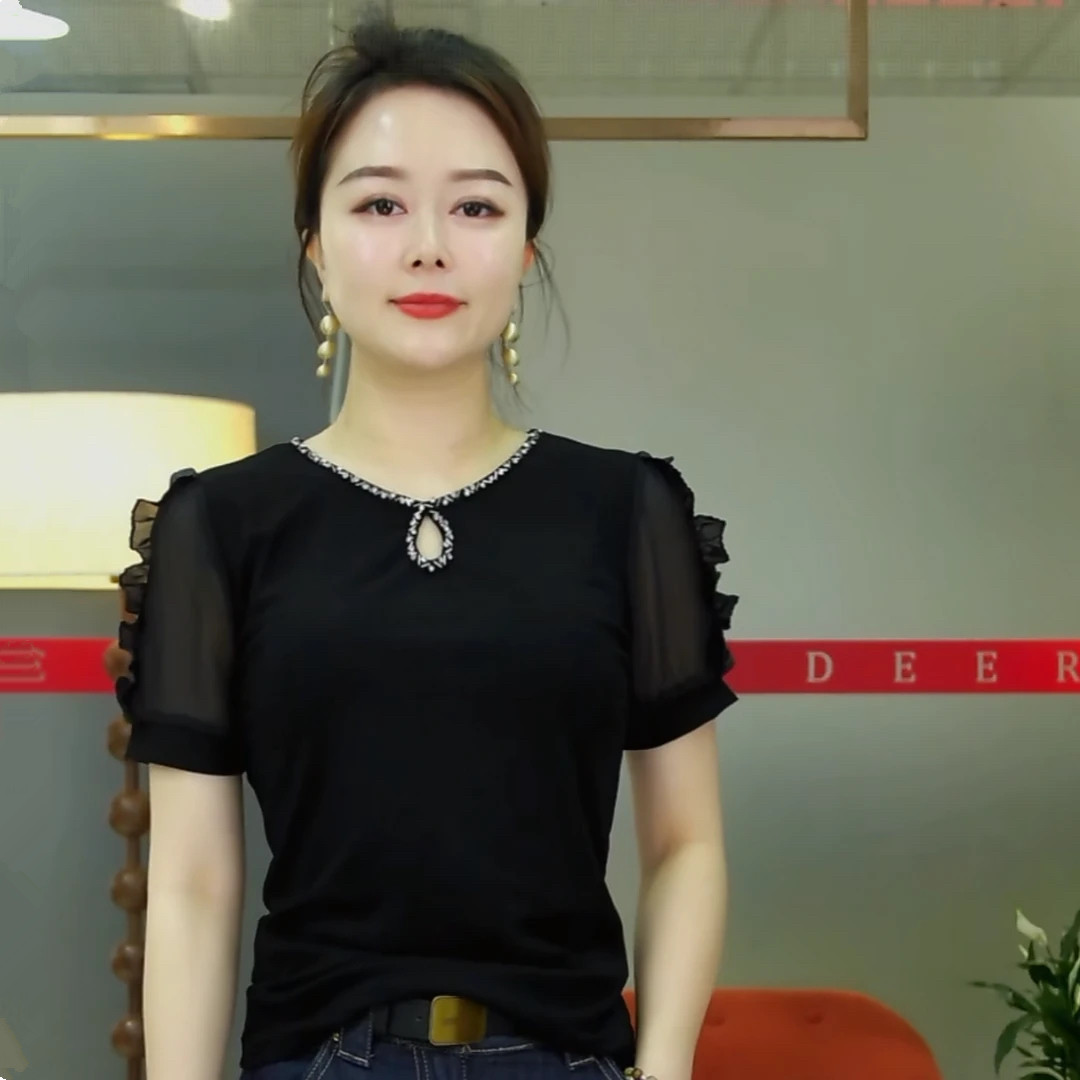 欧货t恤女镂空短袖拼接钉钻上衣洋气高级感女装修身夏装时尚半袖