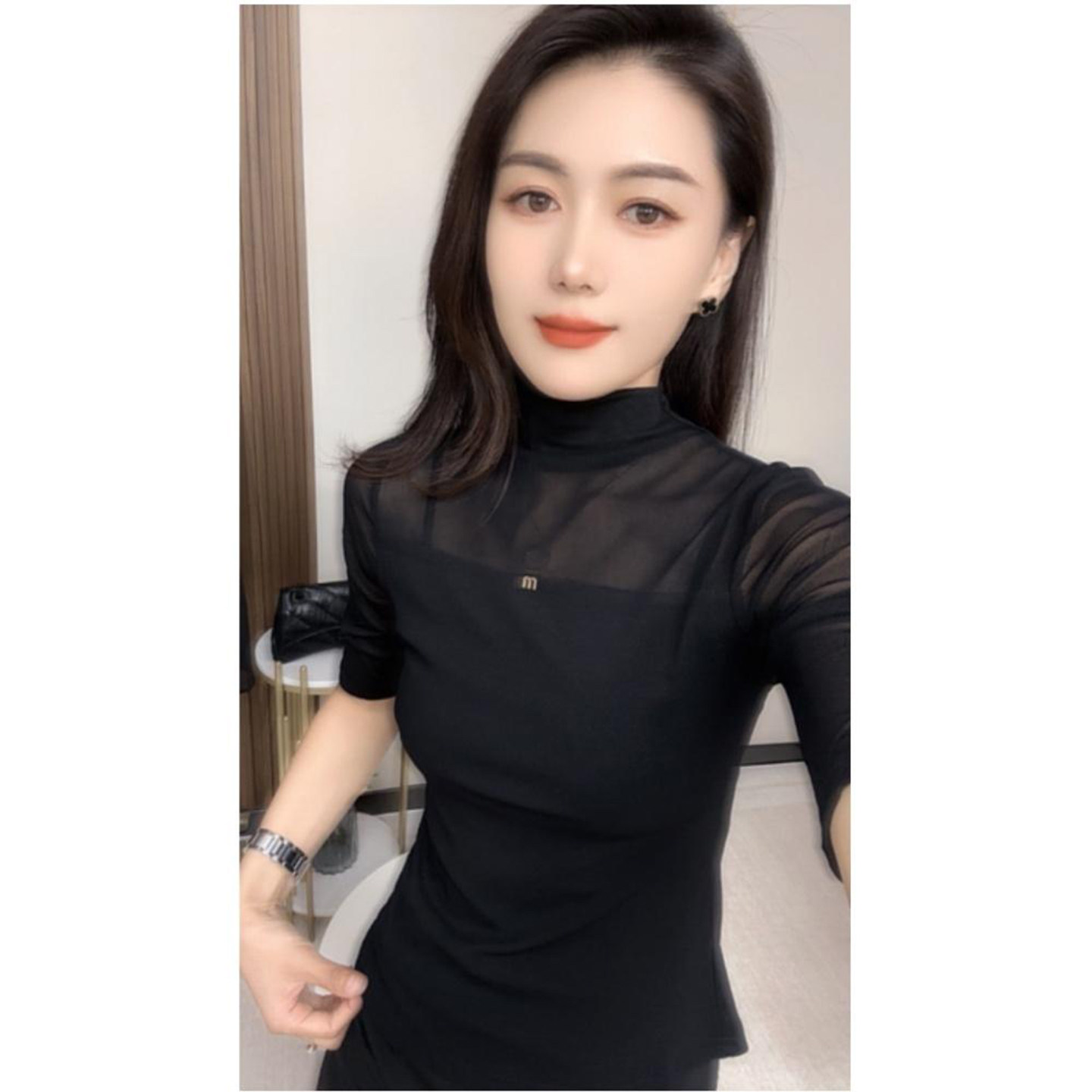 欧货半袖小衫女早秋新款半高领内搭短袖t恤性感透视网纱显瘦上衣