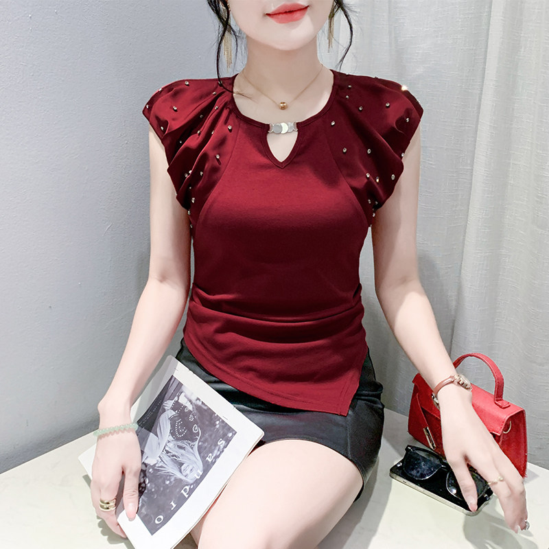 气质钉钻褶皱上衣女无袖夏装性感镂空不规则T恤修身显瘦半袖体恤