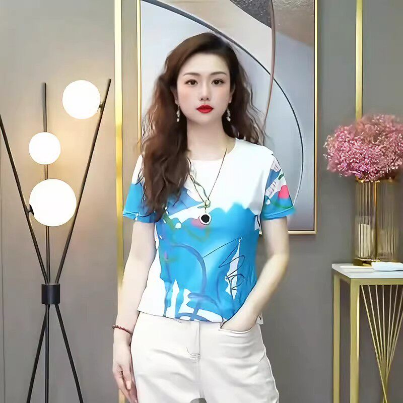 洋气网纱印花短袖t恤女夏季2026新款高级感百搭圆领修身显瘦上衣