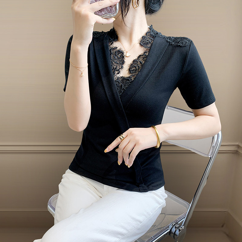 女装2025夏季新款欧货性感V领蕾丝花边短袖T恤气质紧身上衣体恤潮