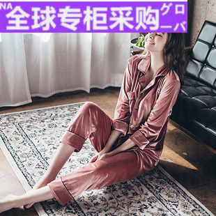 珊瑚绒薄款 两件套秋冬款 家居服 睡衣女春秋情侣金丝绒长袖 欧洲新款