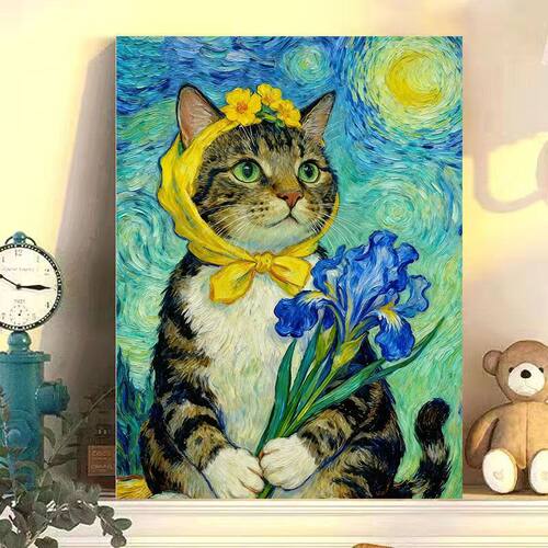 梵高风可爱小猫系列装饰画治愈系