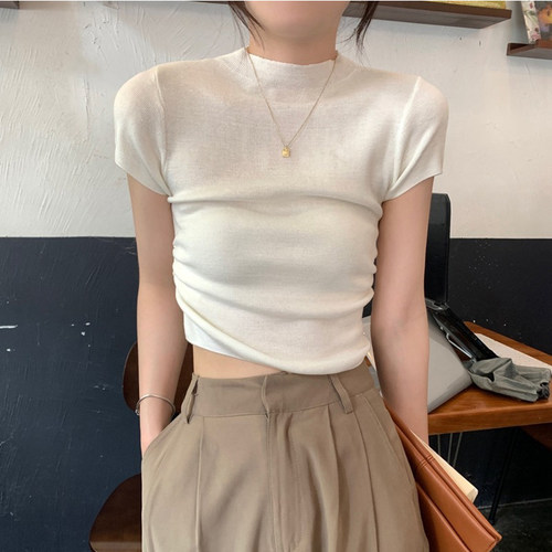 白色圆领短袖t恤女夏季薄款性感修身显瘦打底冰丝针织短款上衣潮