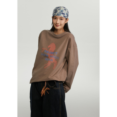 FROMWRTING字由小马剪影复古斑驳感水印印花竹节棉长袖T恤早春潮