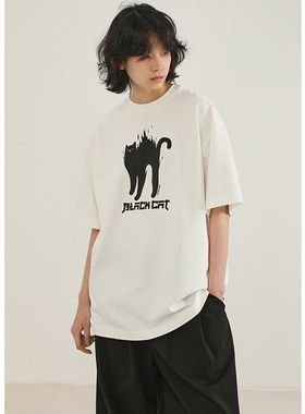 FROMWRTING字由日系全棉简约手绘小猫趣味印花T恤无性别男女半袖t
