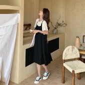 韩系氛围感洋装 学院风减龄拼接假两件黑色T恤裙女夏季 2025新款