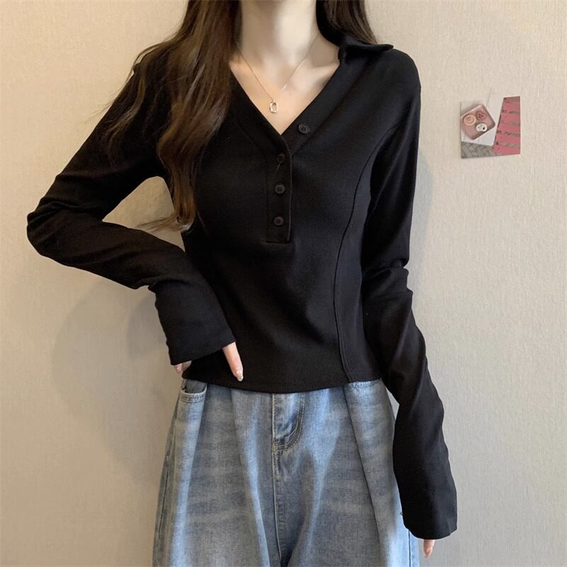 黑色V领长袖T恤女装早秋季2025新款小个子修身内搭鱼骨打底衫上衣
