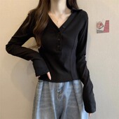 内搭鱼骨打底衫 黑色V领长袖 上衣 2025新款 小个子修身 T恤女装 早秋季