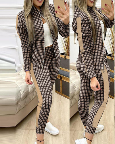 Plaid Print Zip Up Jacket & Drawstring Pants Set外套裤子
