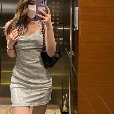 欧美性感修身闪亮吊带短