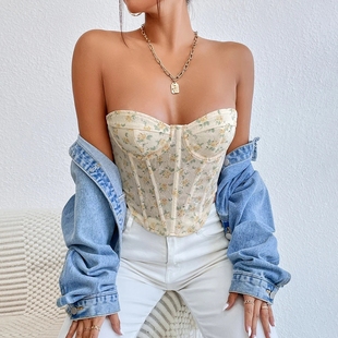 Woman Backless Embroidery Tank Top Mesh See Through Crop Top