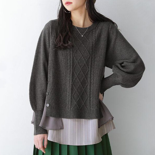 Stitching sweaters日系2023秋冬新款假两件套头圆领长袖拼接毛衣