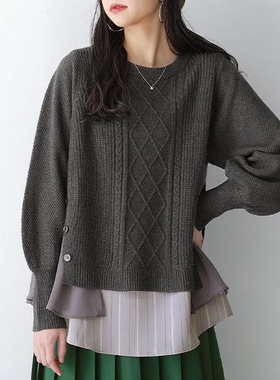 Stitching sweaters日系2023秋冬新款假两件套头圆领长袖拼接毛衣