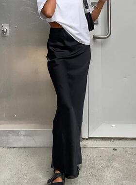 欧美时尚性感仿真丝修身包臀长裙半身裙女 Sexy Silk Maxi Skirt