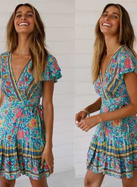 欧美时尚印花连衣裙短裙 Sexy Wrap Floral Mini Dress Sundress