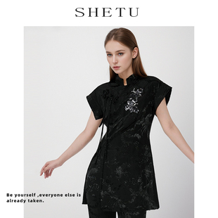 新中式复古禅意唐装黑色旗袍连衣裙夏季新款提花盘扣立领国风套装